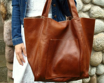 Large Leather Tote Bag, Slouchy Tote, Leather Shoulder Purse, Cognac Handbag for Women, Oversize Weekender Bag, Everyday Purse,
