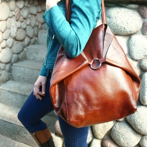 Große COGNAC Leder TOTE Tasche, Weekender übergroße Tasche, Slouchy Tote Geldbörse, weiche Ledertasche, jeden Tag Tasche, Frauen Ledertasche Bild 1