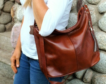 Cognac Slouchy Tote Bag, Leather Purse, leather bag with zipper, Cognac Handbag for Women, Soft Leather Bag , Women leather bag