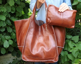 Everyday Leather Tote, Cognac OVERSIZED TOTE bag, Slouchy TOTE bag, Leather purse, bags for women, Handbag for Women, Soft Leather Bag,