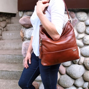Cognac Leder Hobo Bag, slouchy Tote Bag, Crossbody Handtasche, Wickeltasche, Jeden Tag, slouchy Einkaufstasche, Frauen braune Tasche
