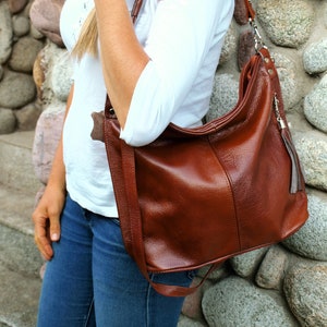 Cognac Slouchy Tragetasche, Leder Geldbörse, Ledertasche mit Reißverschluss, Cognac Handtasche für Frauen, Weiche Ledertasche, Frauen Ledertasche
