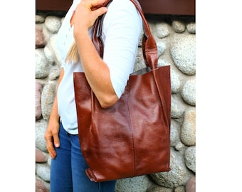 Bolso de mano de piel color coñac, bolso de hombro de piel, monedero de piel sencillo, bolso de mano color coñac para mujer, bolso de mano holgado, bolso de piel para mujer,