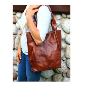 Cognac Leder Tote Bag, Leder Umhängetasche, schlichte Leder Geldbörse, Cognac Handtasche für Frauen, Slouchy Tote, Frauen Ledertasche,