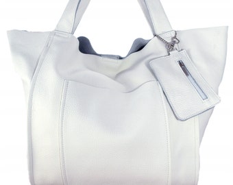 White Leather Shoulder Purse, 2in 1 Large Leather Tote Bag, Oversize Weekender Bag, Slouchy Tote, Leather Purse, Large Handbag for Women,