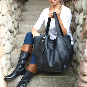 Slouchy Leder Handtasche, Crossbody Leder Einkaufstasche, Umhängetasche, Jeden Tag, Schwarze Leder Tasche, Leder Hobo Bag, Zwei Taschen in Eine,