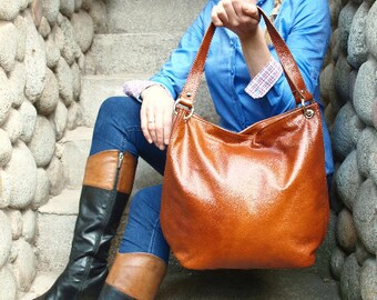 Cognac Leather Tote Bag, Leather purse, Slouchy Tote, Cognac Handbag for Women, Soft Leather Bag, Women leather bag, Every Day Bag