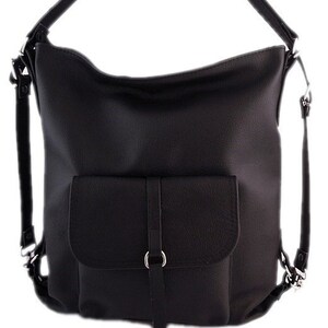 May include: Black leather shoulder bag with a front flap pocket and adjustable straps. The bag has a top handle and a detachable shoulder strap. The bag is made of a textured leather material.