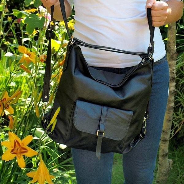 Leather Backpack, black Leather Handbag, diaper bag, Rucksack, leather shoulder bag, slouchy tote bag leather rucksack