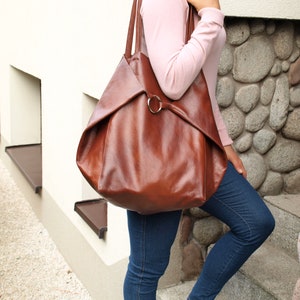 Große COGNAC Leder TOTE Tasche, Weekender übergroße Tasche, Slouchy Tote Geldbörse, weiche Ledertasche, jeden Tag Tasche, Frauen Ledertasche Bild 6