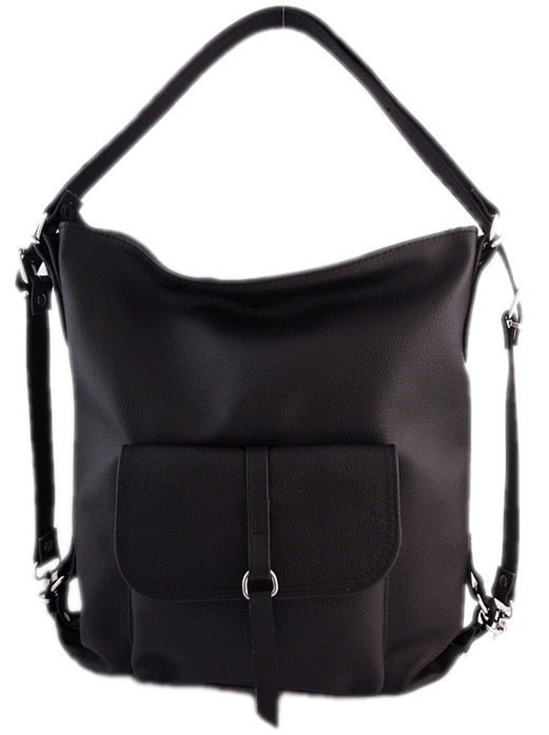 May include: Black leather shoulder bag with a front flap pocket and adjustable straps. The bag has a top handle and a detachable shoulder strap. The bag is made of a textured leather material.