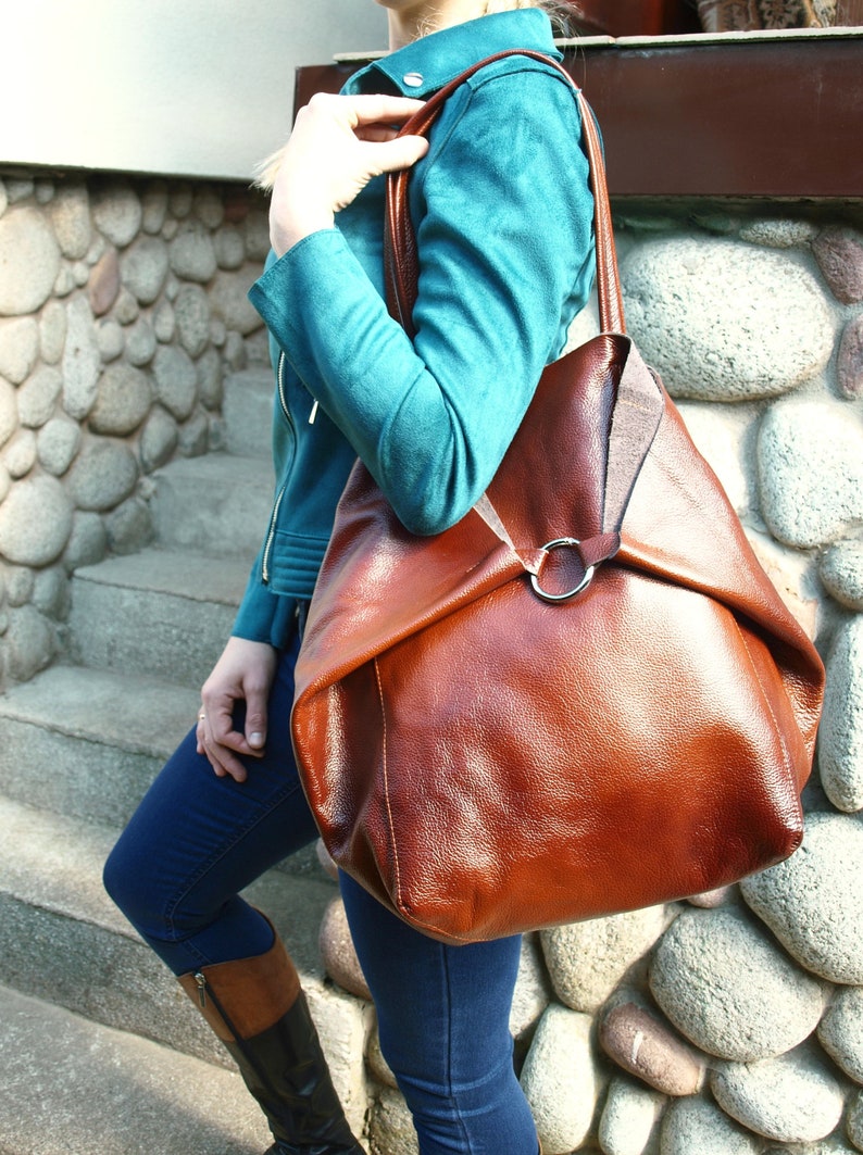 Große COGNAC Leder TOTE Tasche, Weekender übergroße Tasche, Slouchy Tote Geldbörse, weiche Ledertasche, jeden Tag Tasche, Frauen Ledertasche Bild 1