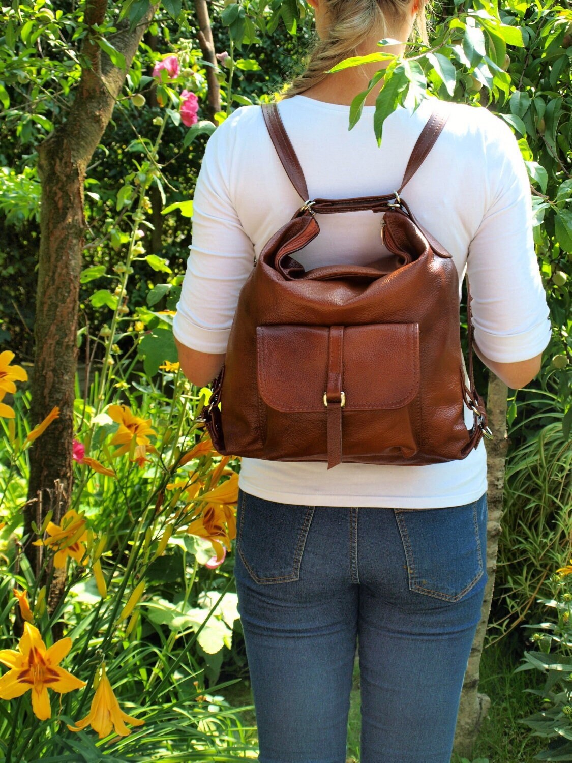anouck 2-in-1 leather backpack Cognac Leather Convertible Backpack, 2in1 Lederrucksack, 2in1  Lederrucksack, Leather Hobo Purse, Ledertasche, Diaper Shoulder Bag