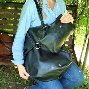 Zwarte lederen tote tas, schouder handtas voor vrouwen, zwarte handtas voor vrouwen, elke dag tas, vrouwen zwarte tas, cadeau voor haar, kerstcadeau afbeelding 8