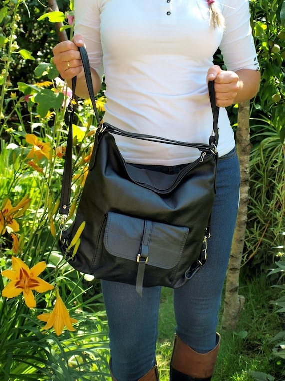 Leather Backpack, black Leather Handbag, diaper bag, Rucksack, leather shoulder bag, slouchy tote bag leather rucksack