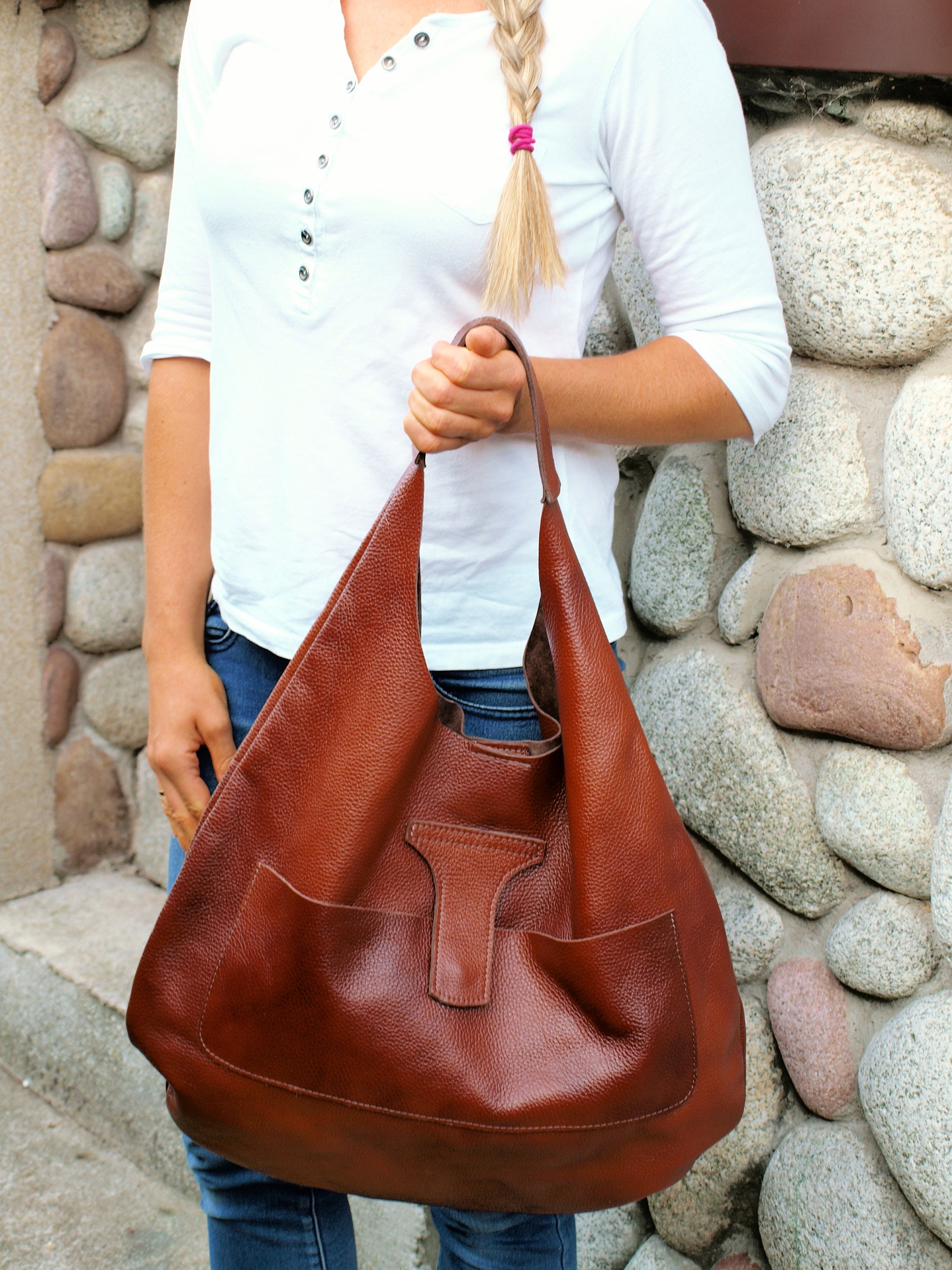 Black Leather-Look Slouchy Tote Bag