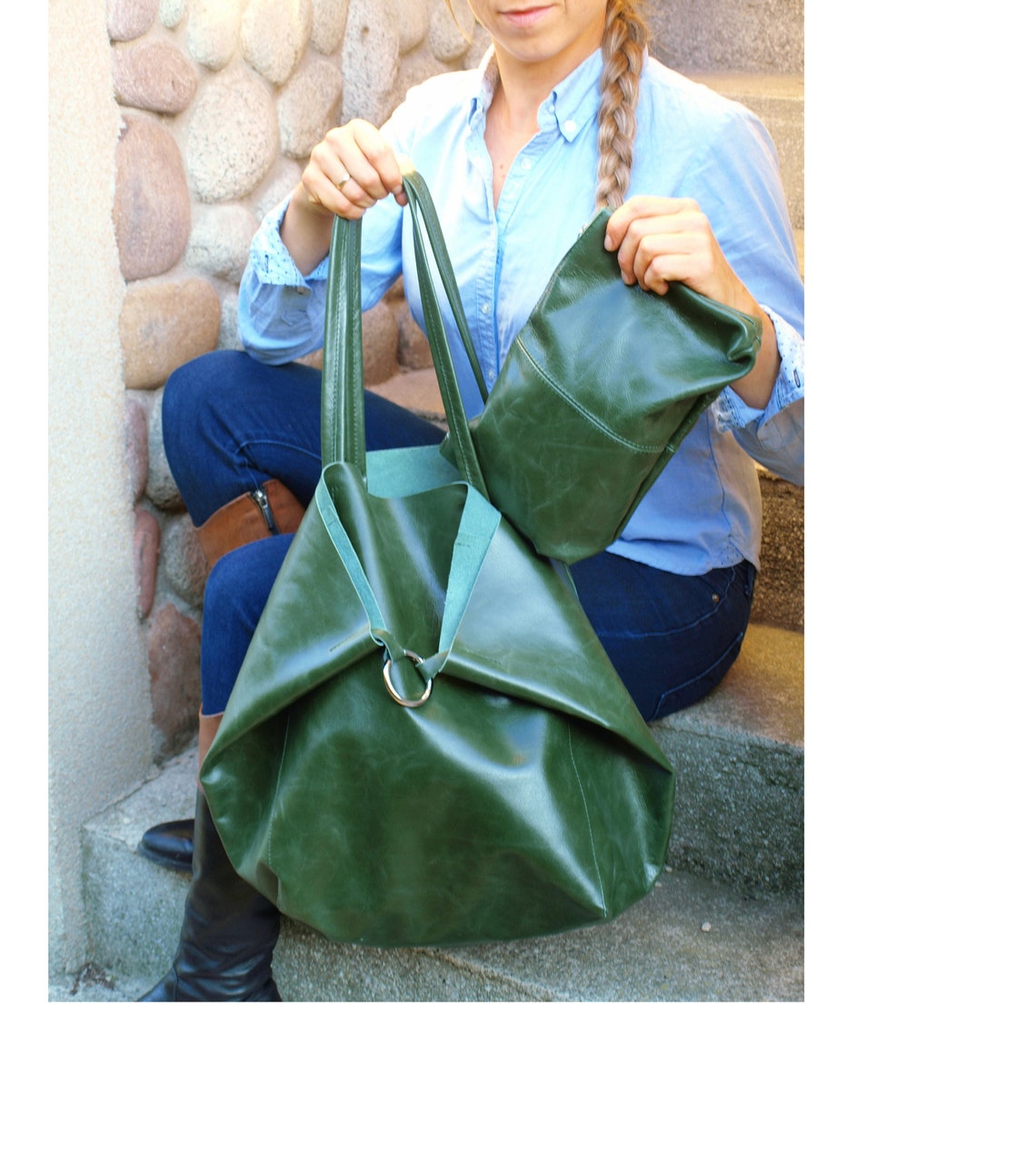 Green Leather tote bag with cosmetic bag Green Handbag for Etsy