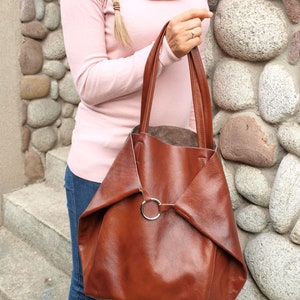 Große COGNAC Leder TOTE Tasche, Weekender übergroße Tasche, Slouchy Tote Geldbörse, weiche Ledertasche, jeden Tag Tasche, Frauen Ledertasche Bild 8