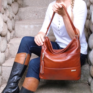 Leather Purse with crossbody strap, Cognac Leather Shoulder Bag, Large hobo bag with strap, Gift For Hrt, Leather Slouchy Bag,