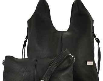 Grand sac fourre-tout noir à bandoulière, sac à main en cuir avec une petite trousse à maquillage, sac à main en cuir, sacs fourre-tout pour femmes, sac en cuir pour femmes