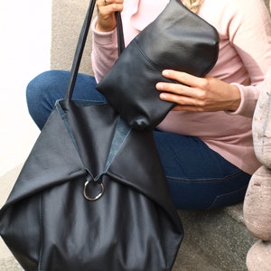 Zwarte lederen tote tas, schouder handtas voor vrouwen, zwarte handtas voor vrouwen, elke dag tas, vrouwen zwarte tas, cadeau voor haar, kerstcadeau afbeelding 7