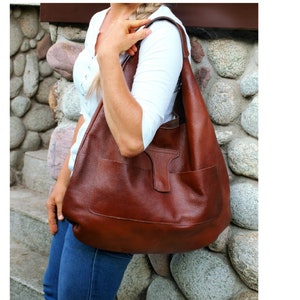 grand fourre-tout en cuir, sac de week-end surdimensionné cognac, sac à main en cuir, sac fourre-tout en cuir cognac, grand sac hobo souple, cuir souple,