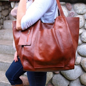 Oversize Weekender Tasche, Zwei in Einem, Große Leder Tragetasche, Slouchy Tote, Cognac Handtasche für Frauen, Braune SHOPPER Tasche, Geldbörse für den Alltag,