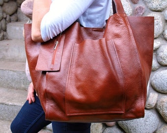Bolso de fin de semana extragrande, dos en uno, bolso tote grande de piel, bolso tote holgado, bolso de mano color coñac para mujer, bolso SHOPPER marrón, bolso de diario,