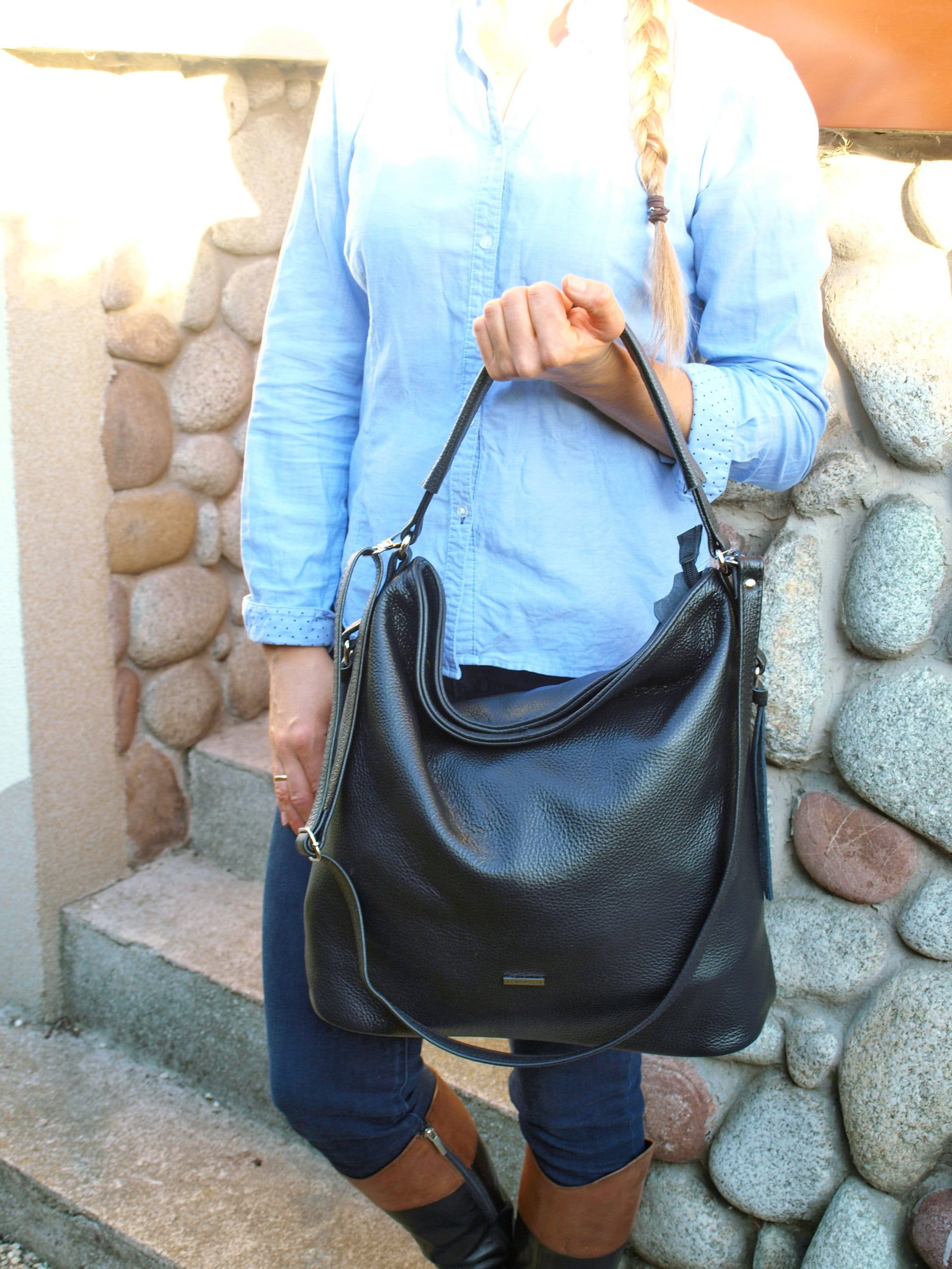 Large Leather TOTE Shoulder Bag, Black Slouchy Tote, Handbag