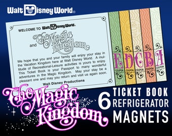 Disney World Magic Kingdom 6 Ticket Book Refrigerator Magnet Set | a,b,c,d,e  and Welcome Ticket | Size of Actual Tickets