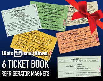 Disney World Magic Kingdom 6 Ticket Book Refrigerator Magnet Set | a,b,c,d,e  and Welcome Ticket | Size of Actual Tickets