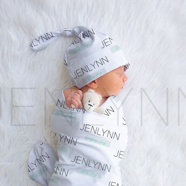 Stretch Jersey Blanket with knotted hat on baby Mockup #BE13, white swaddle mockup on baby, knotted hat mockup, jersey stretch blanket mocku