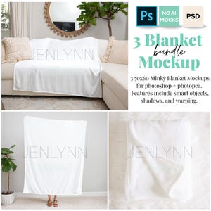 3 Blanket Mockup Bundle, PSD smart object, Blank Photoshop Mock up, Velveteen Plush Minky Fleece Blanket, 50x60 Blanket Mockup Bundle