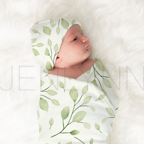 Jersey-Decke mit Mütze auf Baby-Mockup #VK6, weißes Wickel-Mockup auf Baby, Baby-Modell-Mockup, Jersey-Decken-Mockup, Babymütze-Mockup, Modell