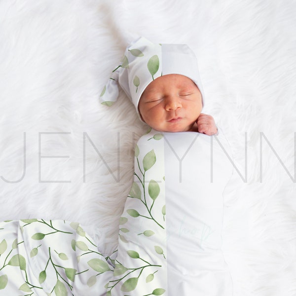 Stretch Jersey Blanket with knotted hat on baby Mockup #JZ13, white swaddle mockup on baby, knotted hat mockup, jersey stretch blanket mocku