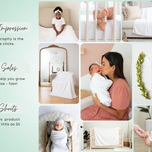 May include: A collage of images showcasing the use of mockups for product photography. The images feature babies and children wearing white onesies and blankets, as well as a white blanket draped over a crib. The text "Make an Impression", "Increase Sales", and "Save on Shoots" is displayed on the collage.
