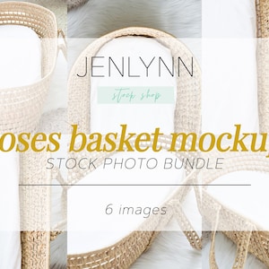 May include: A collection of woven Moses baskets with white bedding, presented as mockups. The image includes text that reads "JENLYNN stock shop" and "moses basket mockups STOCK PHOTO BUNDLE 6 images."