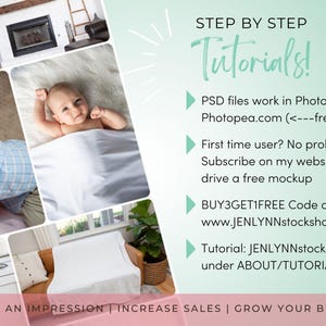 May include: A collage of images with a green and pink background. The text "STEP BY STEP Tutorials!" is in a white font. The text below includes information about PSD files, a free mockup, and a code for a discount. The text "MAKE AN IMPRESSION | INCREASE SALES | GROW YOUR BUSINESS" is at the bottom of the image.