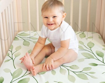 Crib Sheet Mockup with Baby: Nursery Bedding (Digital Product)