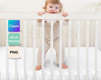 Crib Sheet Mockup: Baby in Crib PNG, Canva Friendly