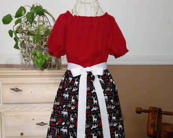 Girls peasant dress, girls black and red dress, Christmas dress girls, matching holiday outfits, sister brother matching outfits, deer dress