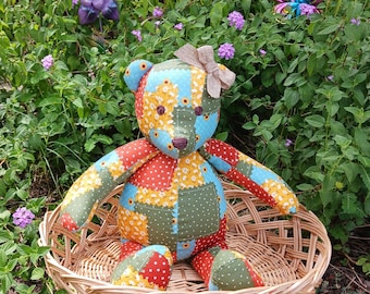 Patchwork Fabric Bear: Handmade Country Home Decor
