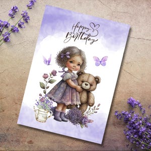 Postkarte Lavendel Mädchen mit Bär Grußkarte Karte Geburtstag Gruß an beste Freundin   #PLS