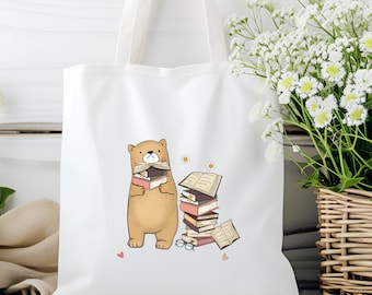 Stofftasche, Stoffbeutel, Büchertasche, Tasche, Geschenk zum Geburtstag in Weiß oder Beige "Bücher Bär"