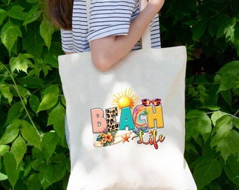 Stofftasche, Stoffbeutel, Einkaufstasche, Tasche, Geschenk zum Urlaub, Geburtstag,  in Weiß oder Beige "Sommer. Sonne, Strand"