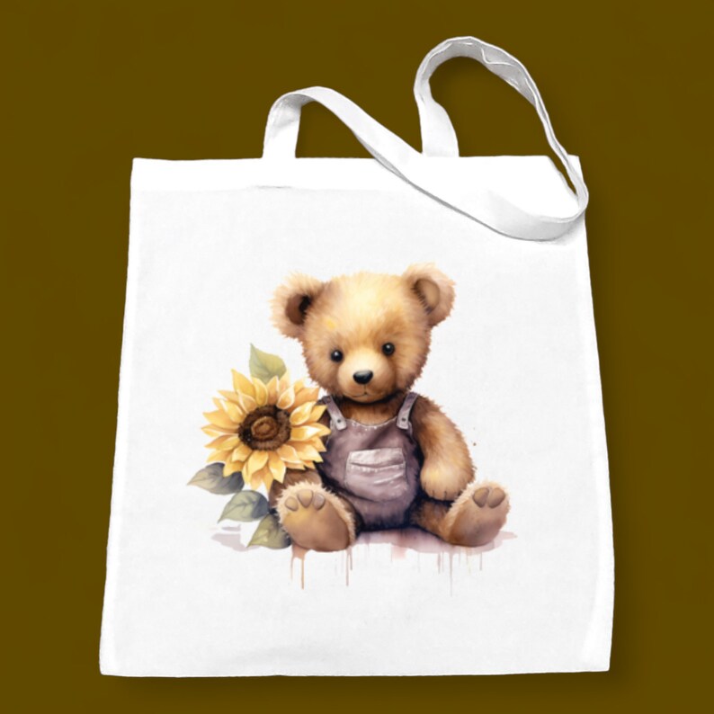 Stofftasche, Stoffbeutel, Teddy, Bär, Sonnenblume, Einkaufstasche, Tasche, Geschenk zum Geburtstag in Weiß oder Beige Bild 4
