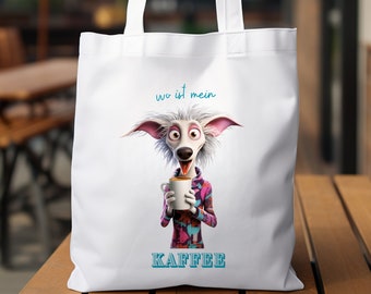 Stofftasche, Stoffbeutel, Einkaufstasche, Tragetasche, "Crazy Coffee Dogs" in Weiß oder Beige