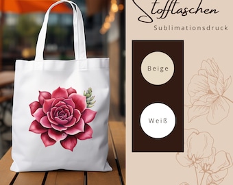 Stofftasche Stoffbeutel " Hauswurz Blüte Rosa Rot " Einkaufstasche nTasche Geschenk zum Muttertag oder Geburtstag in Weiß oder Beige