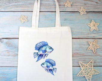 Sac en tissu, sac en tissu, sac shopping, sac, cadeau, en blanc ou beige "Poisson, Maritime, Bleu"