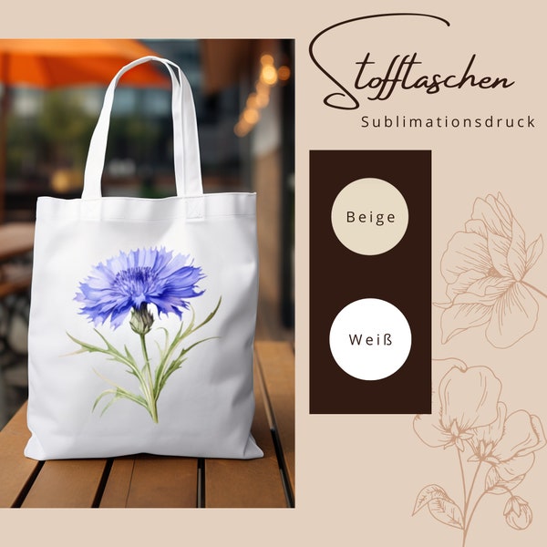 Stofftasche, Stoffbeutel, Einkaufstasche, Tasche, Geschenk zum Muttertag, Geburtstag in Weiß oder Beige "Kornblume, Blüte, Blau"